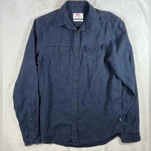 Fjallraven Men’s Small Hemp Blend Lightweight Soft Button Front Navy Shirt EUC - Picture 1 of 11